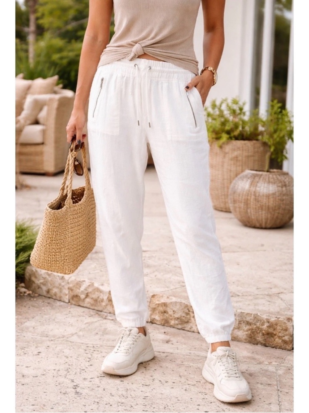 Athleta Cabo Linen Jogger Pants Womens Size 4 White Pull On Elastic Pockets